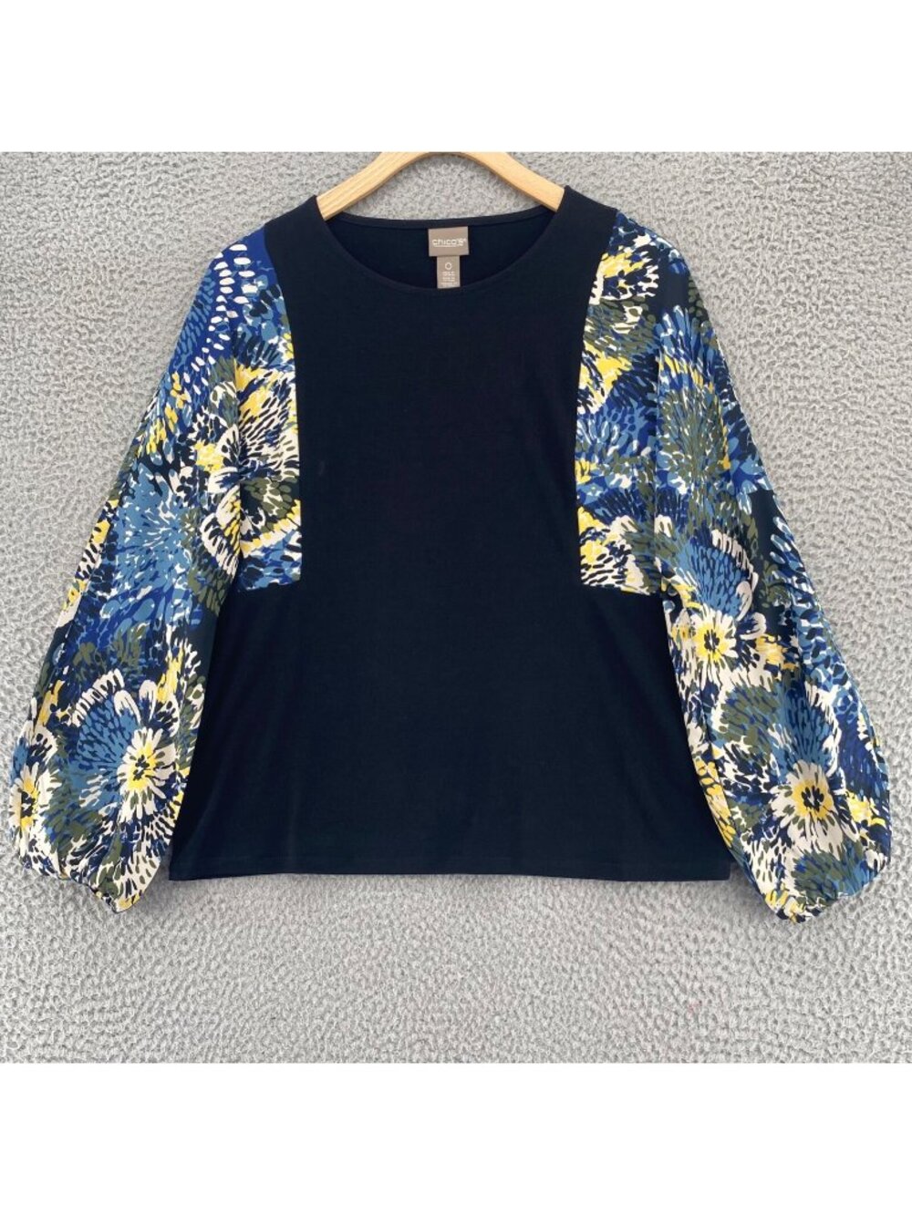 Chicos Top Womens 0 US Small Black Blue Floral Knit Long Balloon Sleeve Knit NWT